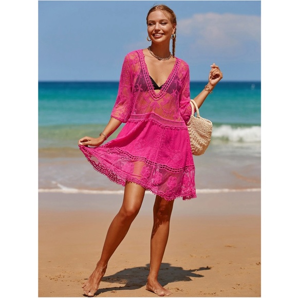 Hot Pink Lace Coverup Dress Tunic Bohemian Short - Picture 4 of 11